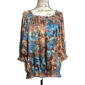 Dressbarn Satin Floral Blouse‎ Brown Blue Paisley Cottagecore 3/4 Sleeve Sz 1X